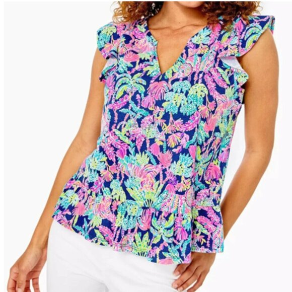 Lilly Pulitzer Size Large Lacie Peplum Blouse Top Ruffle Sleeve - Picture 1 of 3
